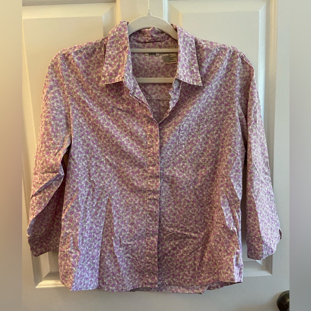 Lavender floral button down top.